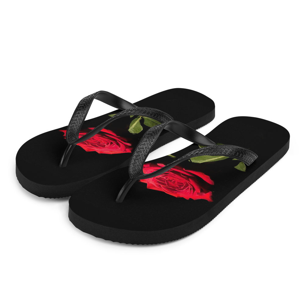 S Red Rose on Black Flip-Flops by Design Express