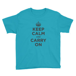 Caribbean Blue / XS Keep Calm and Carry On (Black) Youth Short Sleeve T-Shirt by Design Express