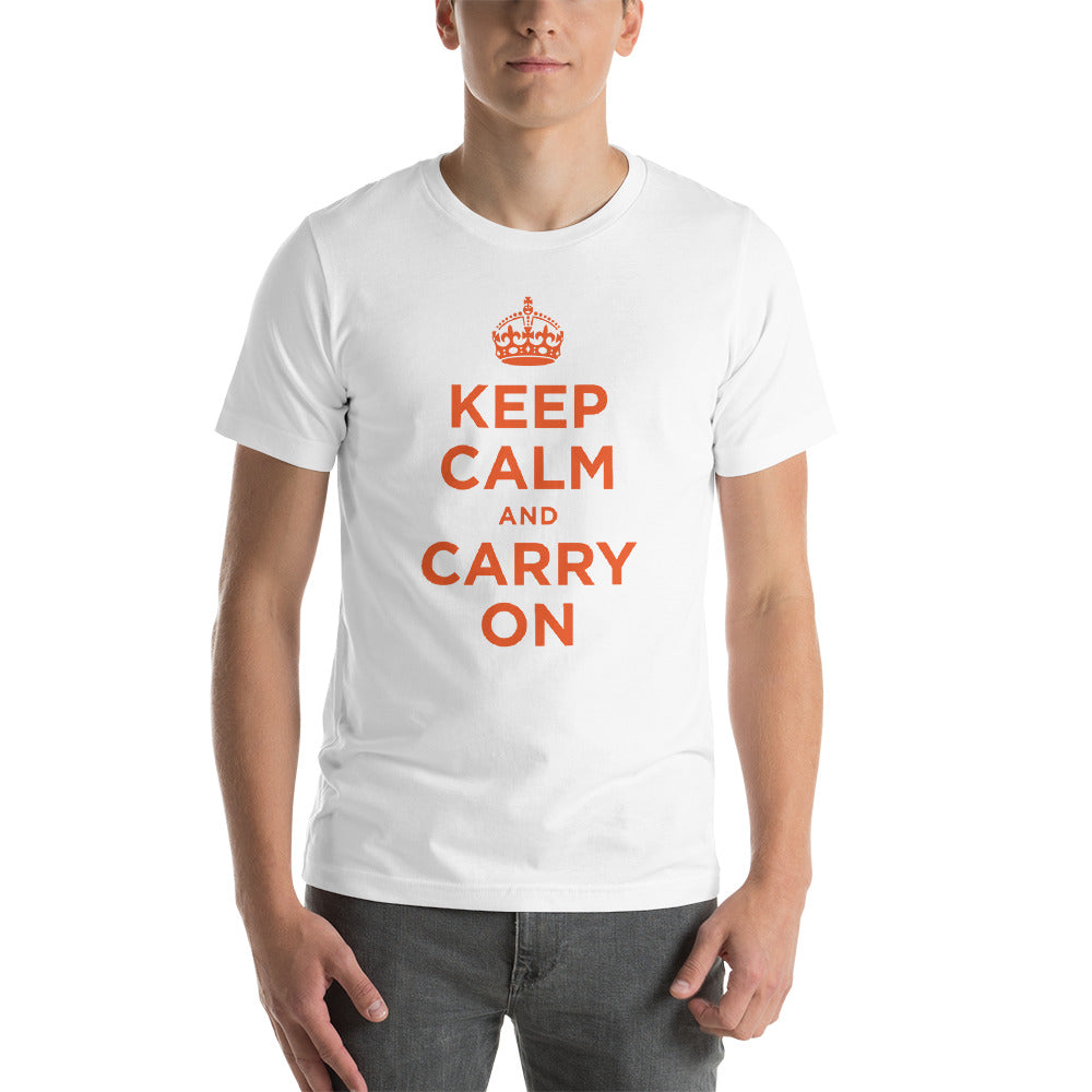 White / XS Keep Calm and Carry On (Orange) Short-Sleeve Unisex T-Shirt by Design Express