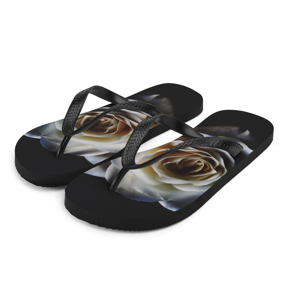 S White Rose on Black Flip-Flops by Design Express